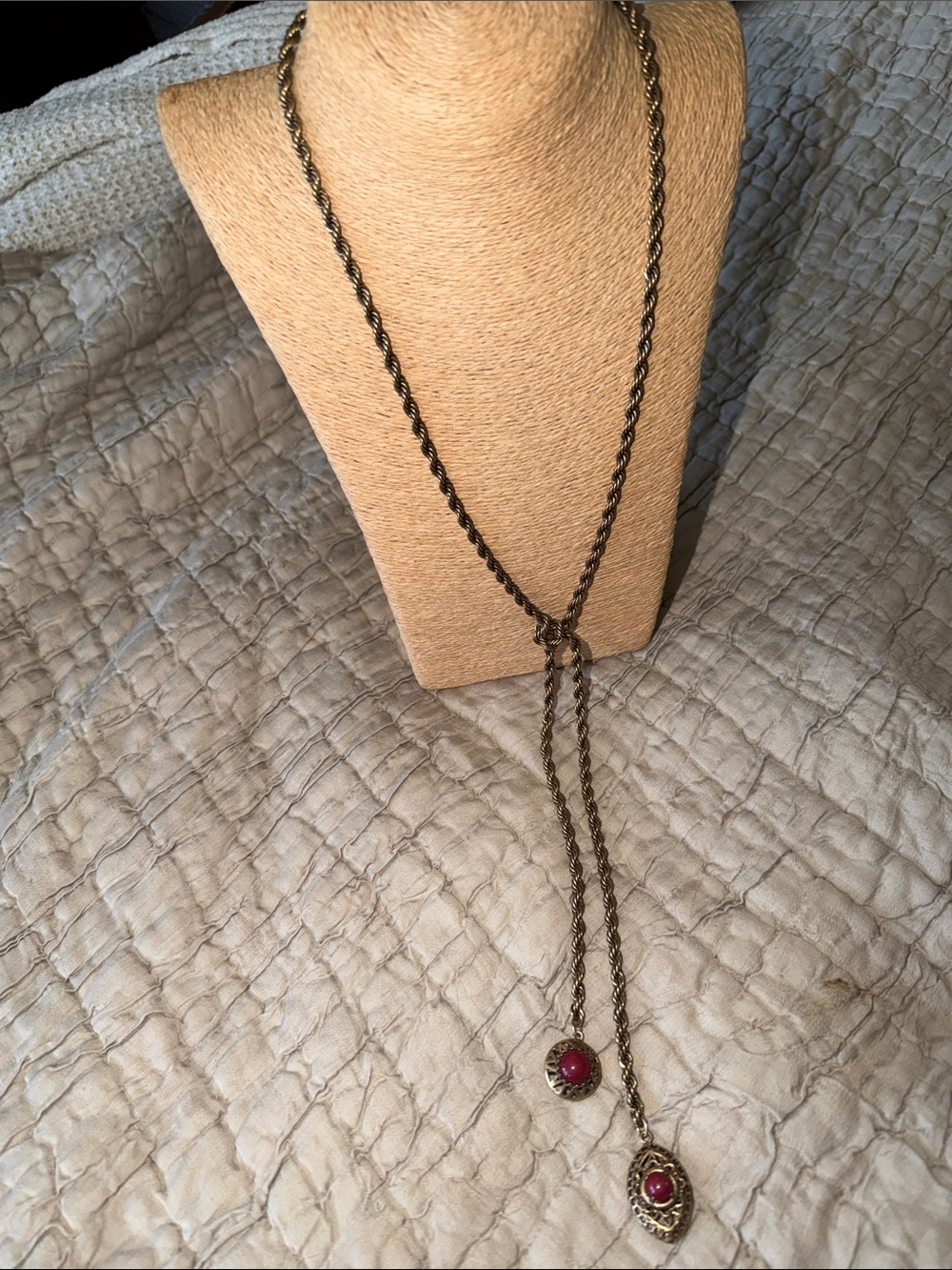Long Braided Rope Lariat Necklace in Antique Gold and cranberry cabochon